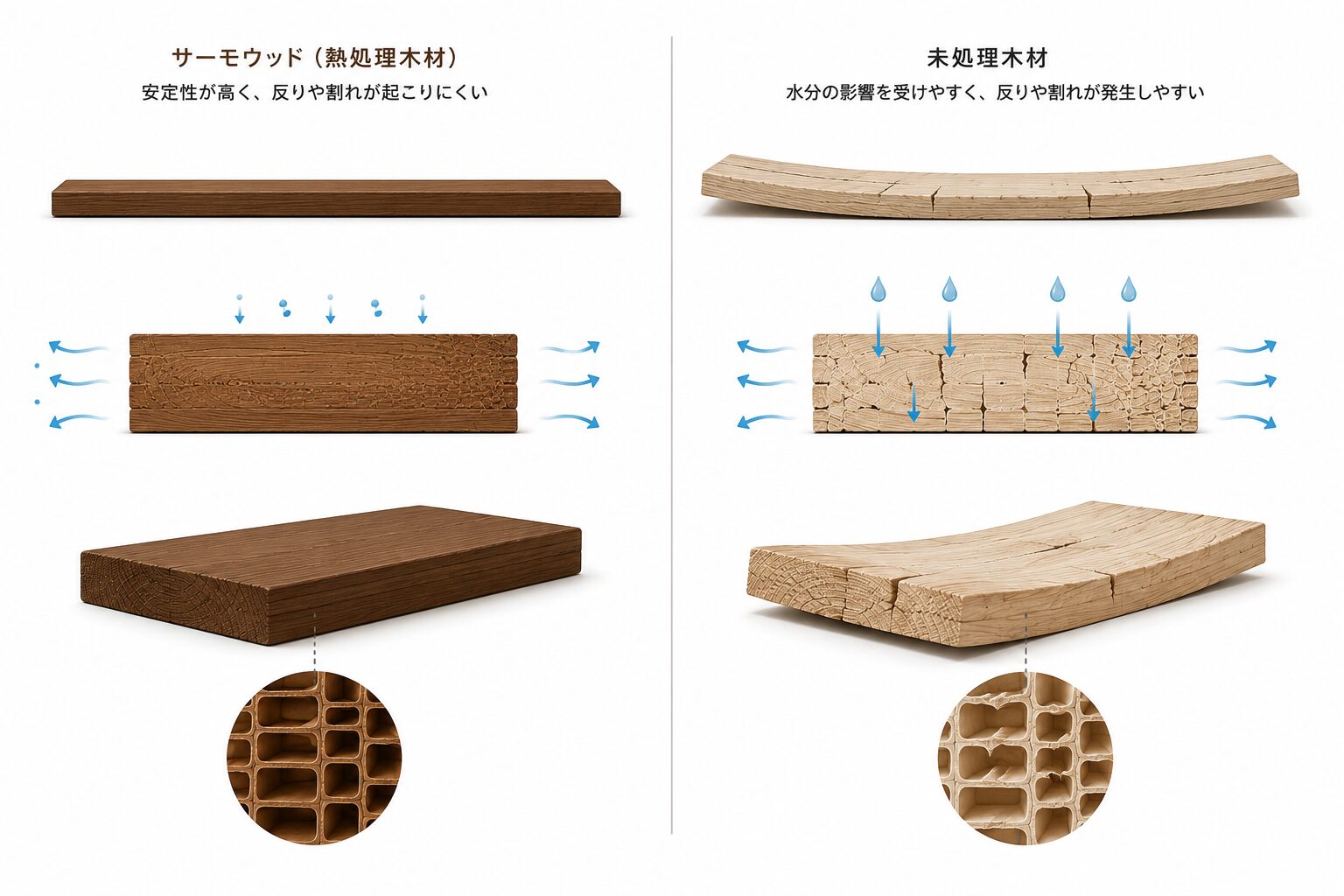 サーモウッドと未処理木材の比較図