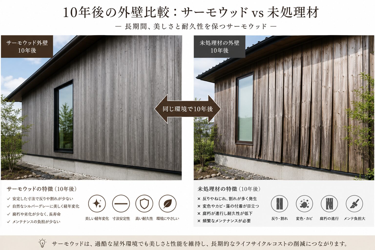 サーモウッドと未処理木材の10年後の状態比較