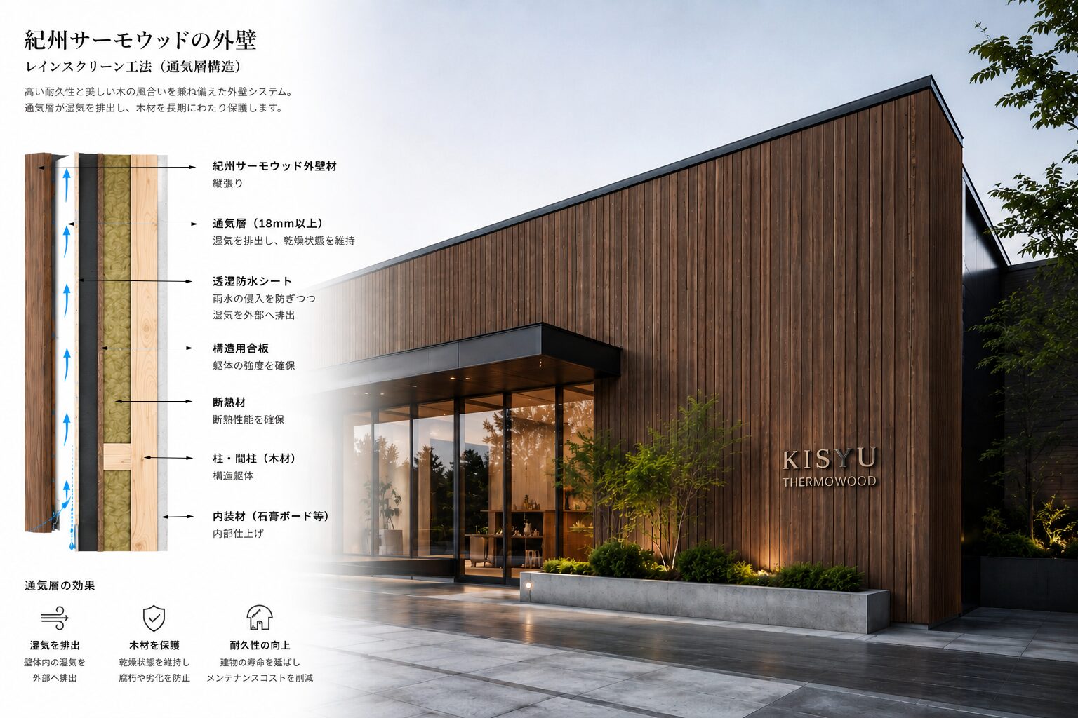紀州材サーモウッドを使用した木質外装建築。通気構法を採用した高耐久な外壁・ルーバー・軒天の施工イメージ