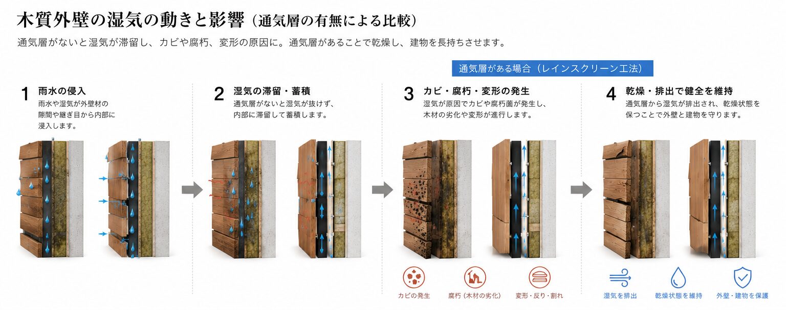 木質外装材の劣化メカニズム図。雨水や湿気の滞留による腐朽菌の発生、カビ、反り、割れの進行を示した解説図