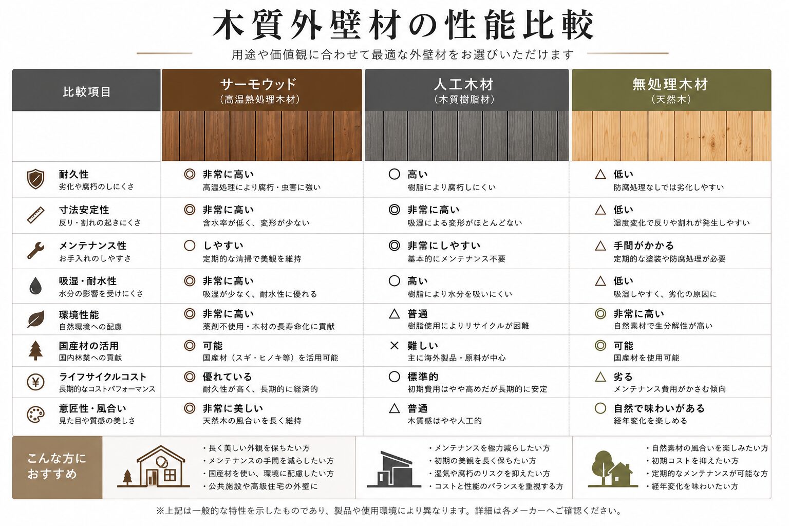 サーモウッドと未処理木材の寸法安定性や耐朽性の違いを示した比較図