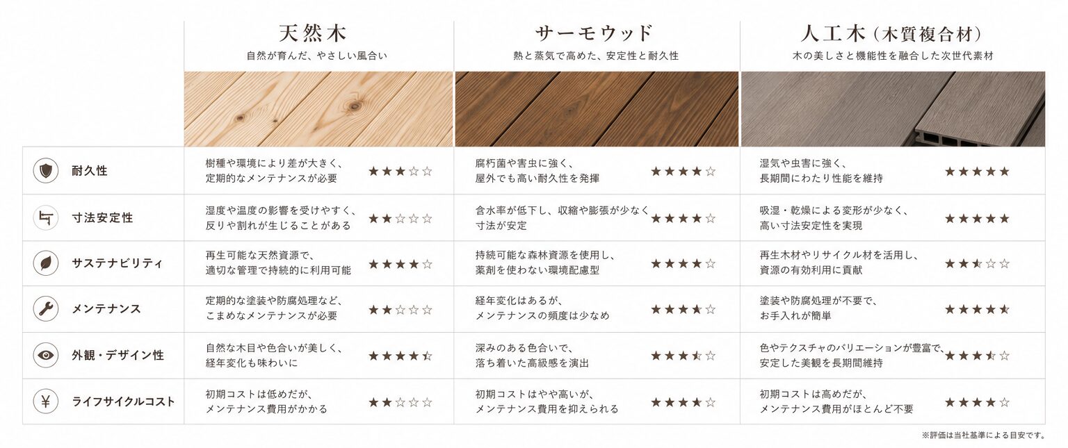 天然木と人工木とサーモウッドの耐久性や環境性能を比較した図