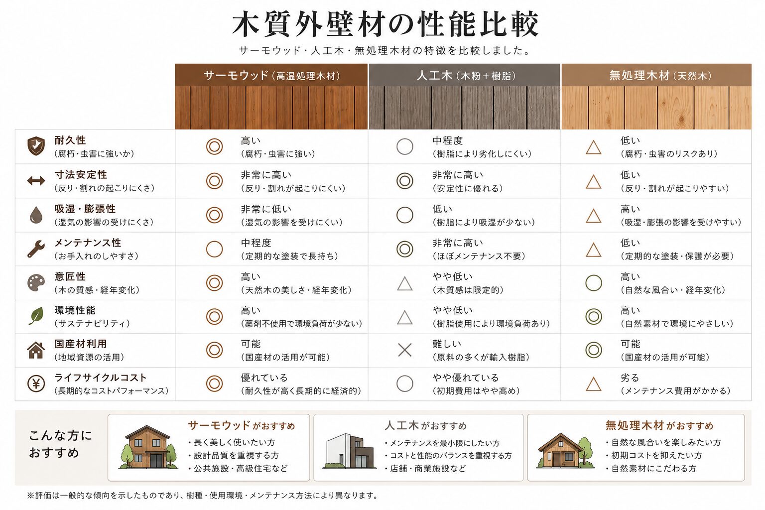 サーモウッドと人工木および未処理木材の性能比較図