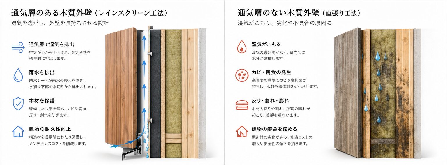 通気構造ありと通気構造なしの木質外装比較図。通気層による乾燥効果と湿気滞留による腐朽リスクの違いを示した比較インフォグラフィック