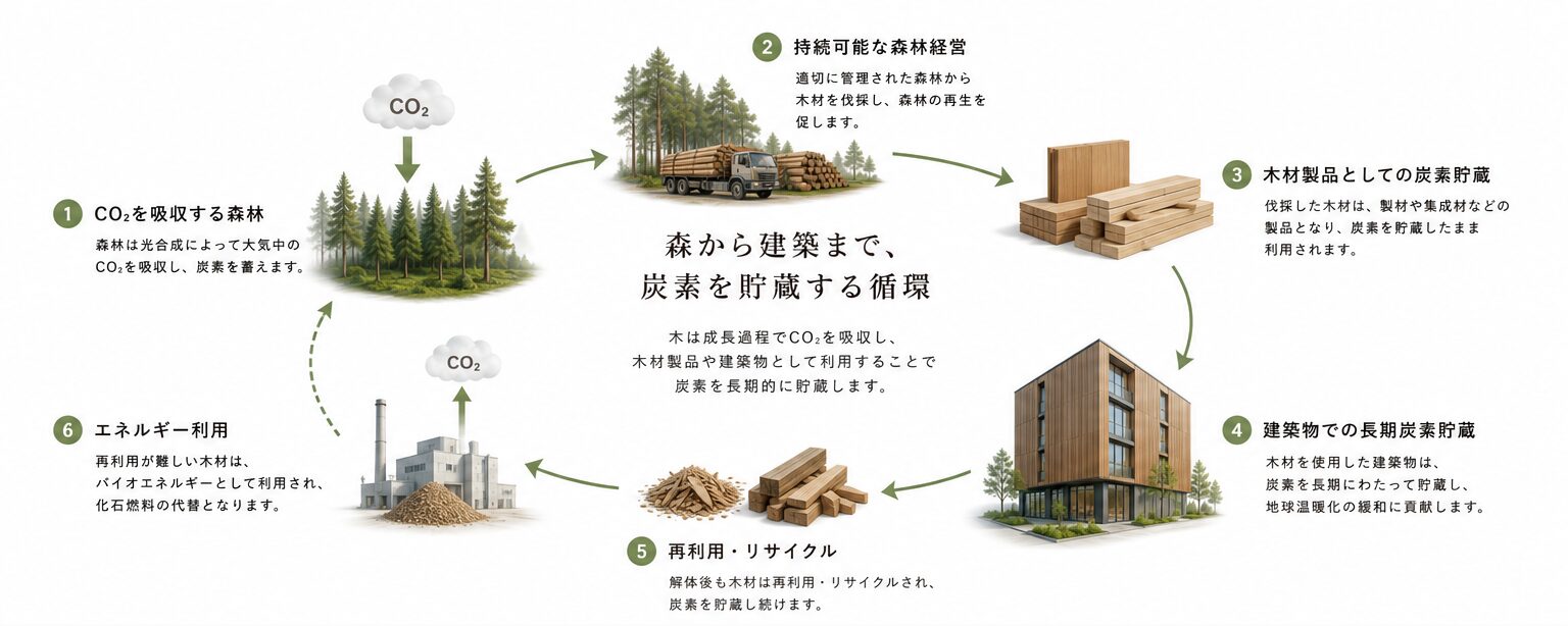木材がCO2を吸収し建築物内に炭素を固定する仕組みを示した図
