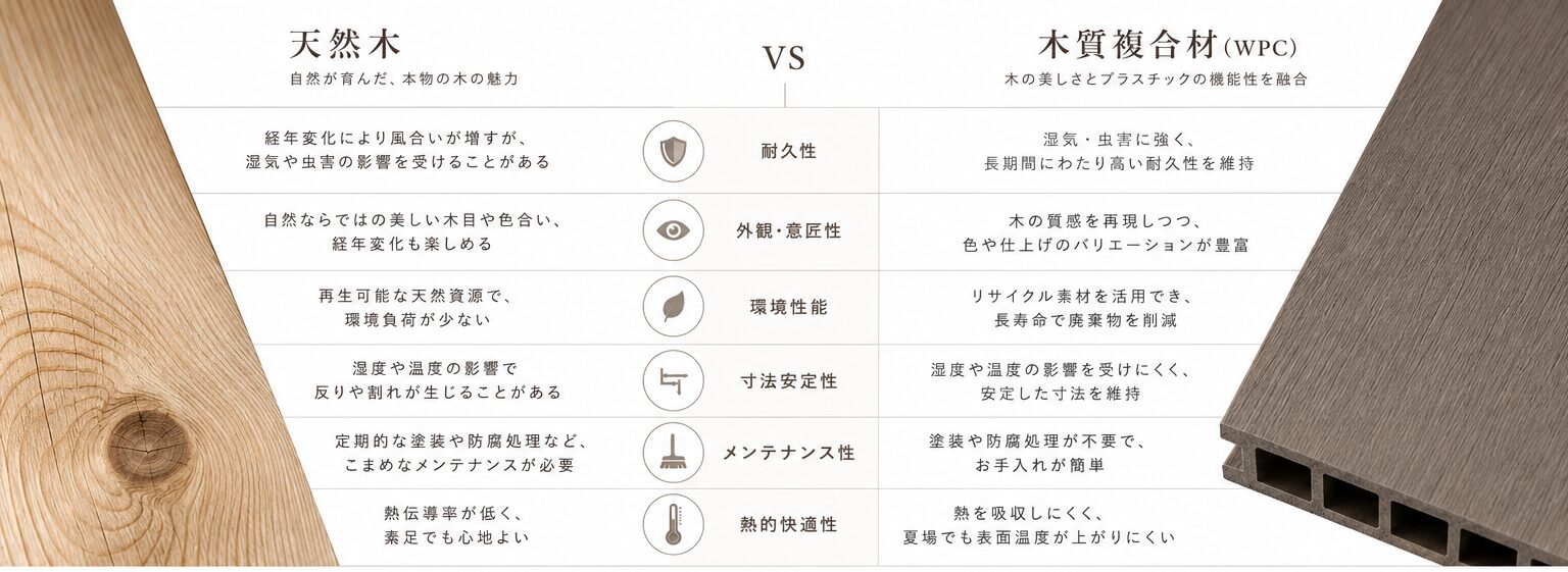 天然木と人工木の性能比較図