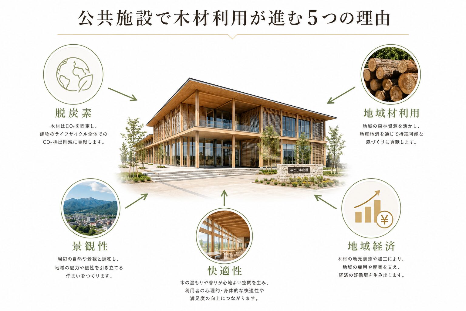 公共施設で木材利用が進む5つの理由を示したインフォグラフィック