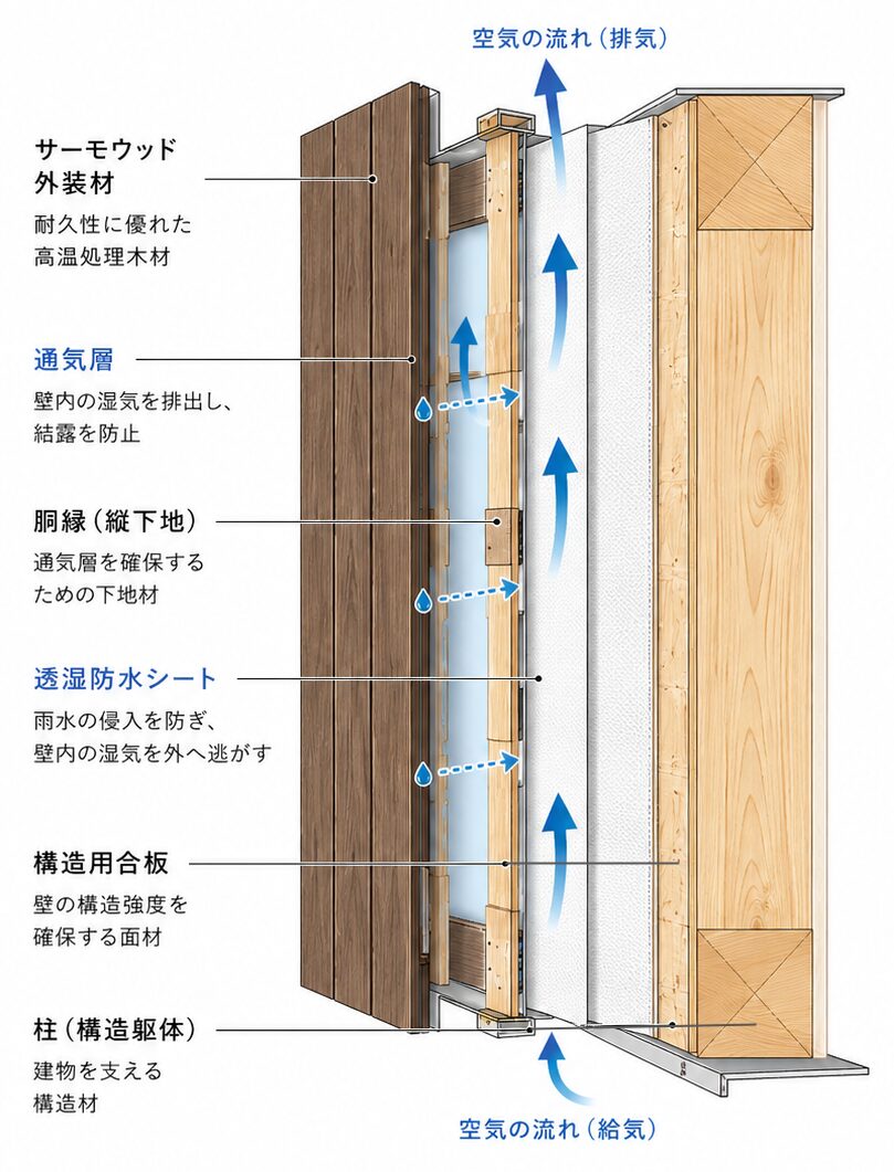 木質外装材の通気構造断面図。サーモウッド外壁、透湿防水シート、18mm通気層、空気の流れを示した外壁通気構法の模式図