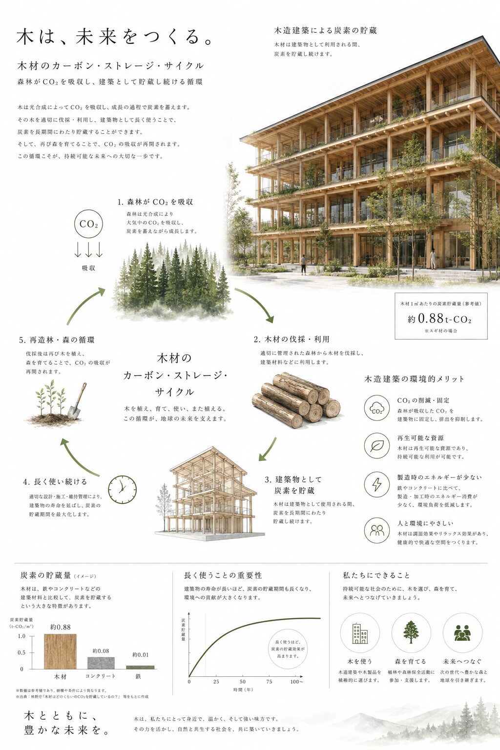 木材によるCO2吸収と炭素固定の仕組みを示したインフォグラフィック