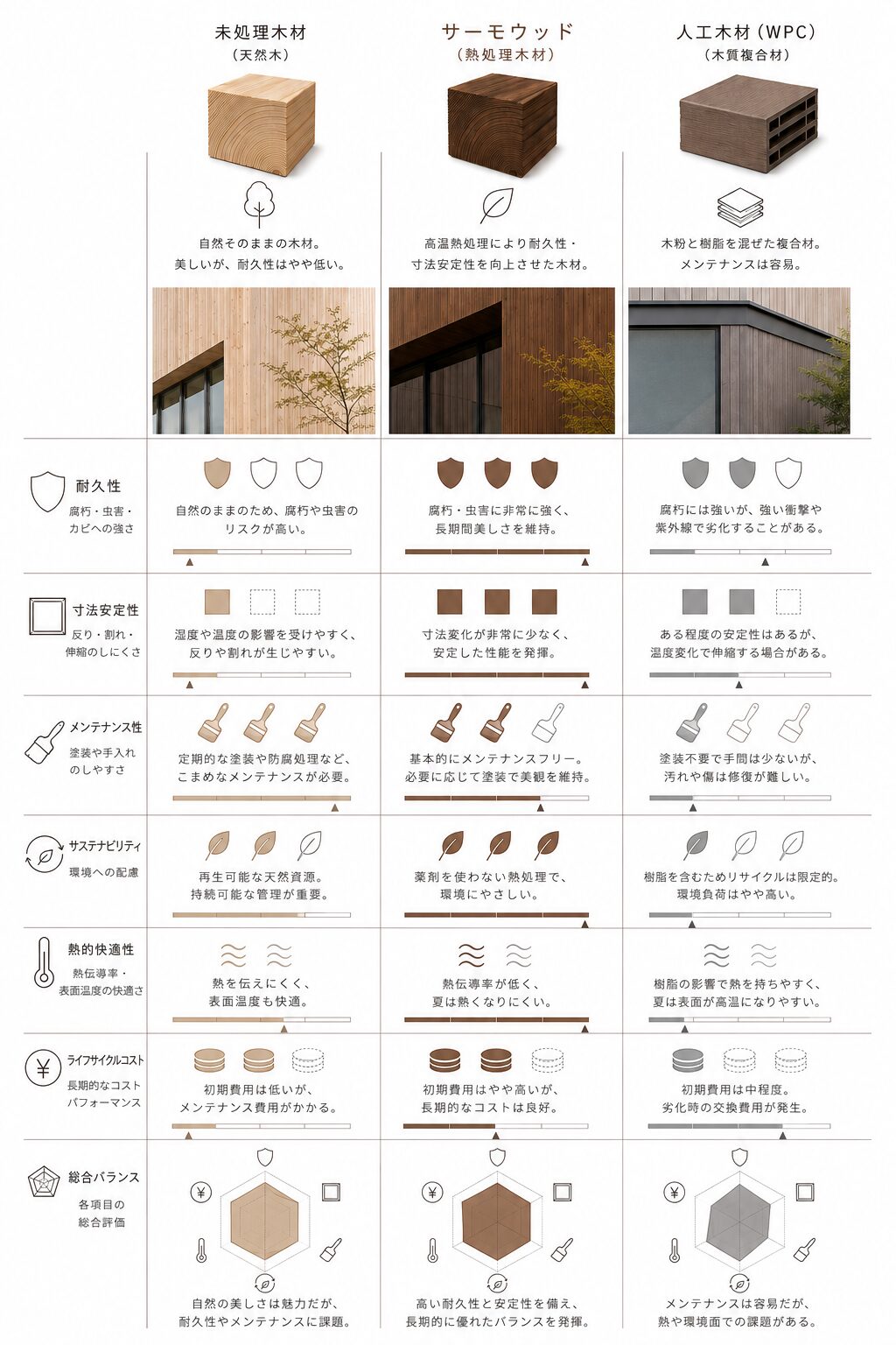 サーモウッドと人工木と未処理木材の比較表