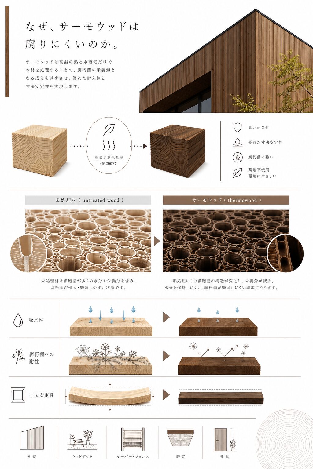 サーモウッドが腐りにくい理由を示した比較図
