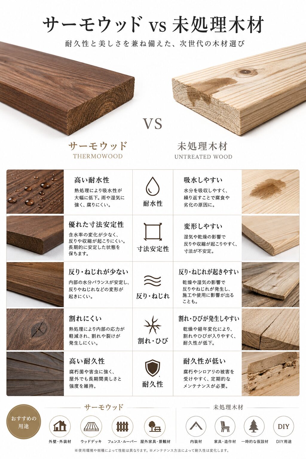 サーモウッドと未処理木材の寸法安定性比較図