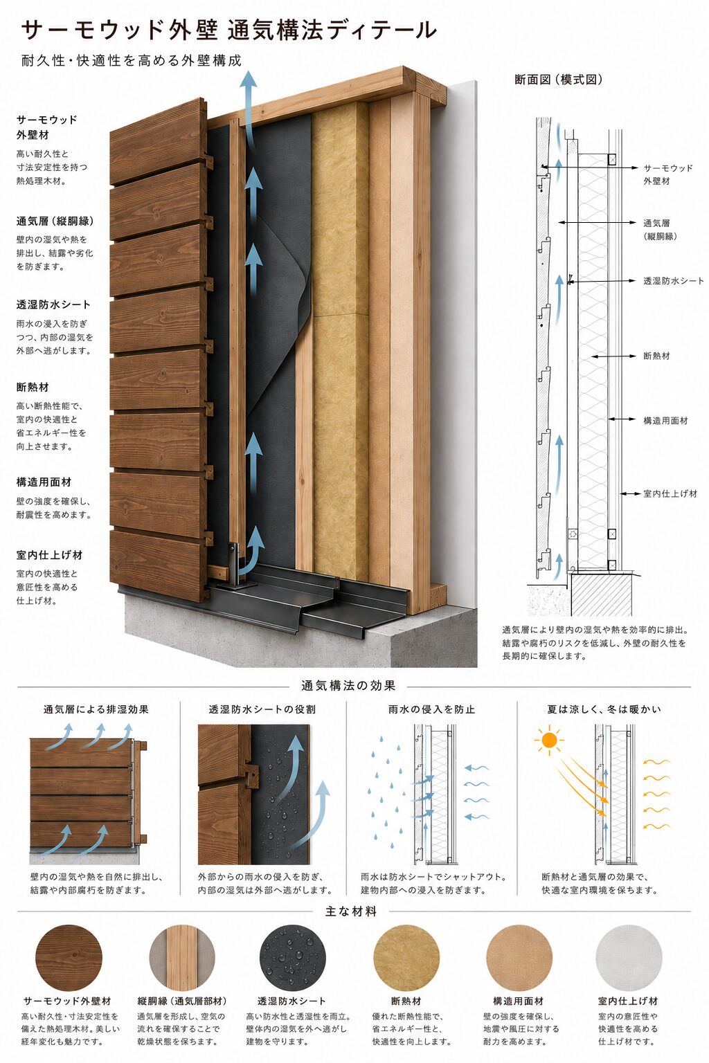 サーモウッド外壁通気構法断面図