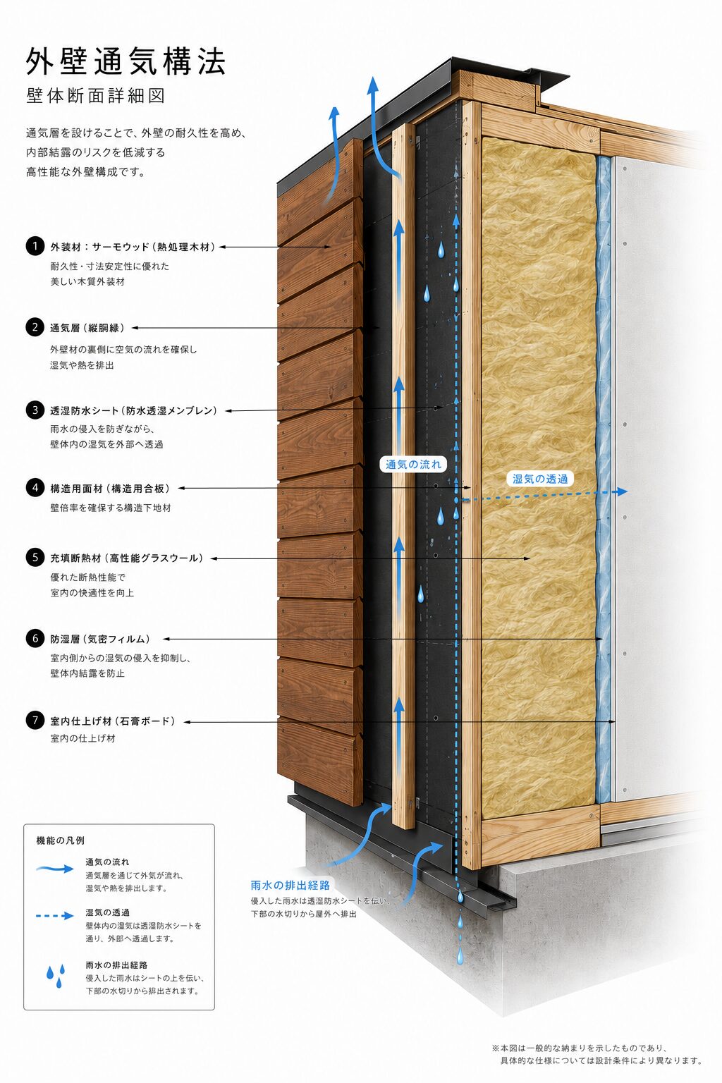 木質外装材の通気構法と外壁断面構造を示したサーモウッド外壁断面図