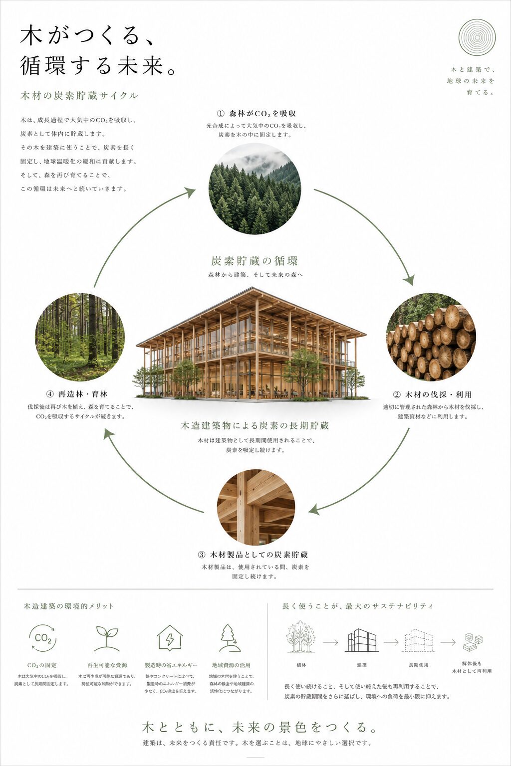 木材利用によるCO2吸収とカーボンストックの循環図