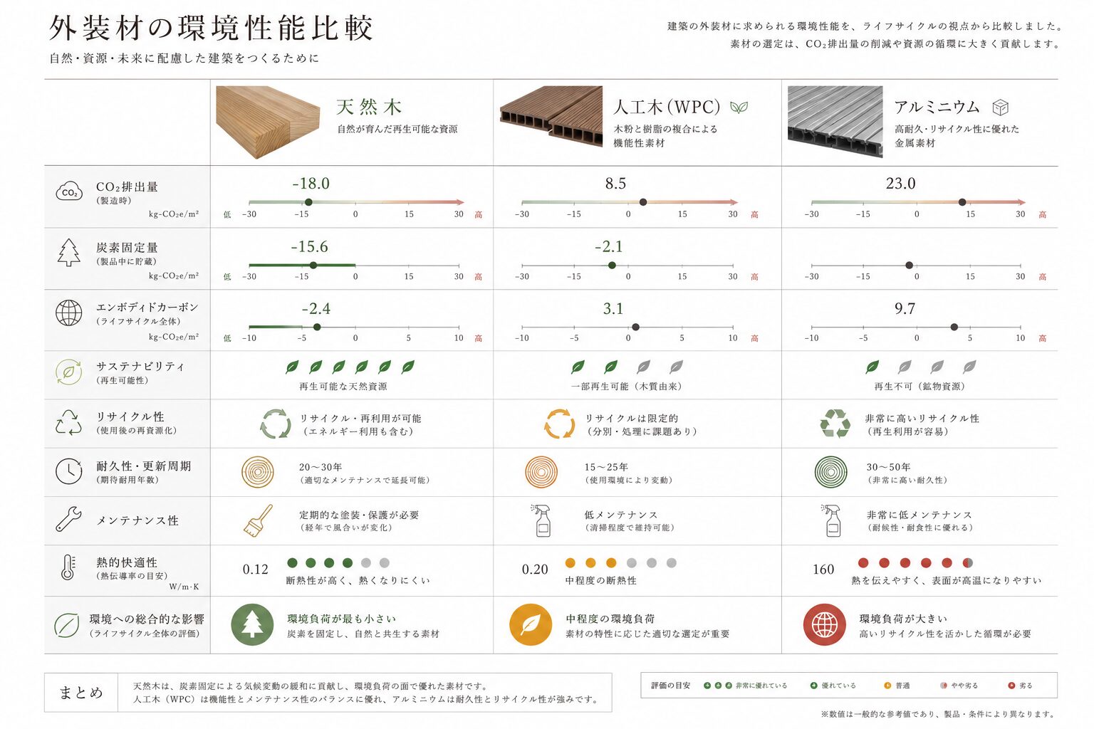 木材・人工木・アルミの環境性能とCO₂排出量を比較したインフォグラフィック